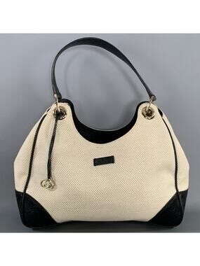 GUCCI Tan Black 257265 257268 Monogram Canvas Woven Hobo Handbag & Leather Goods